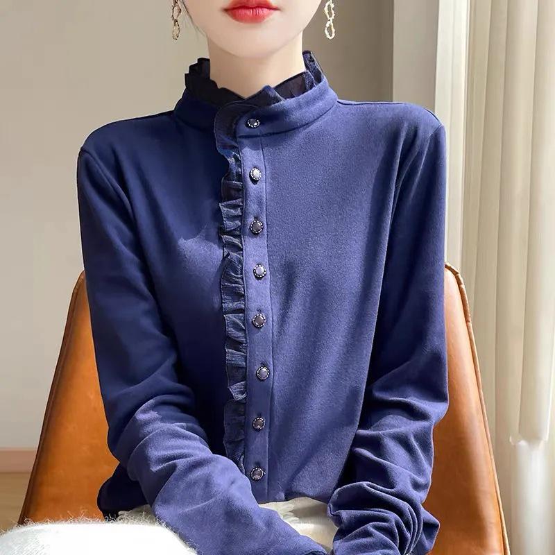 Women s Elegant Velvet Ruffle Trim Shirt - Warm, Slimming, Double-Sided for Autumn & Winter XXS синий