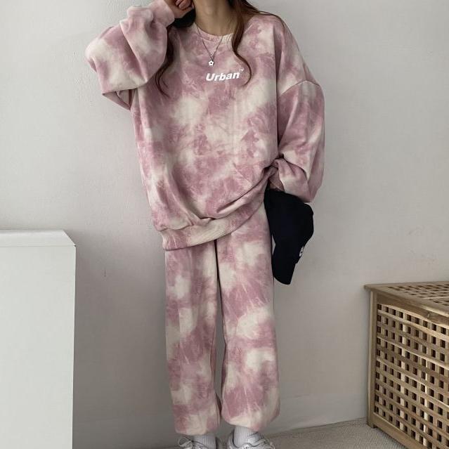 

Модный женский повседневный свитер, окрашенный в галстук, брюки с длинными рукавами, женский комплект из двух предметов, женская спортивная одежда 3XL розовый