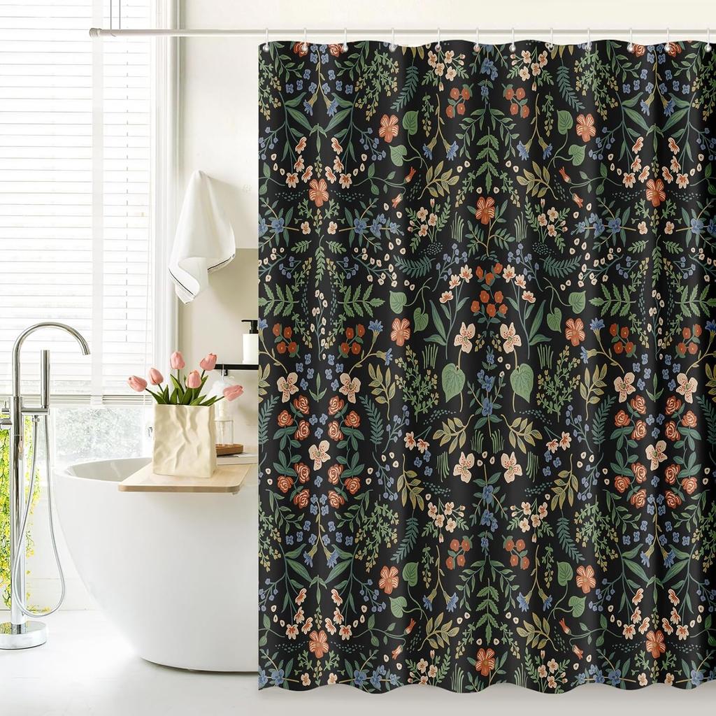 Shower curtain with blooming bright pink and white roses, watercolor leaves and floral bathroom decor with hooks