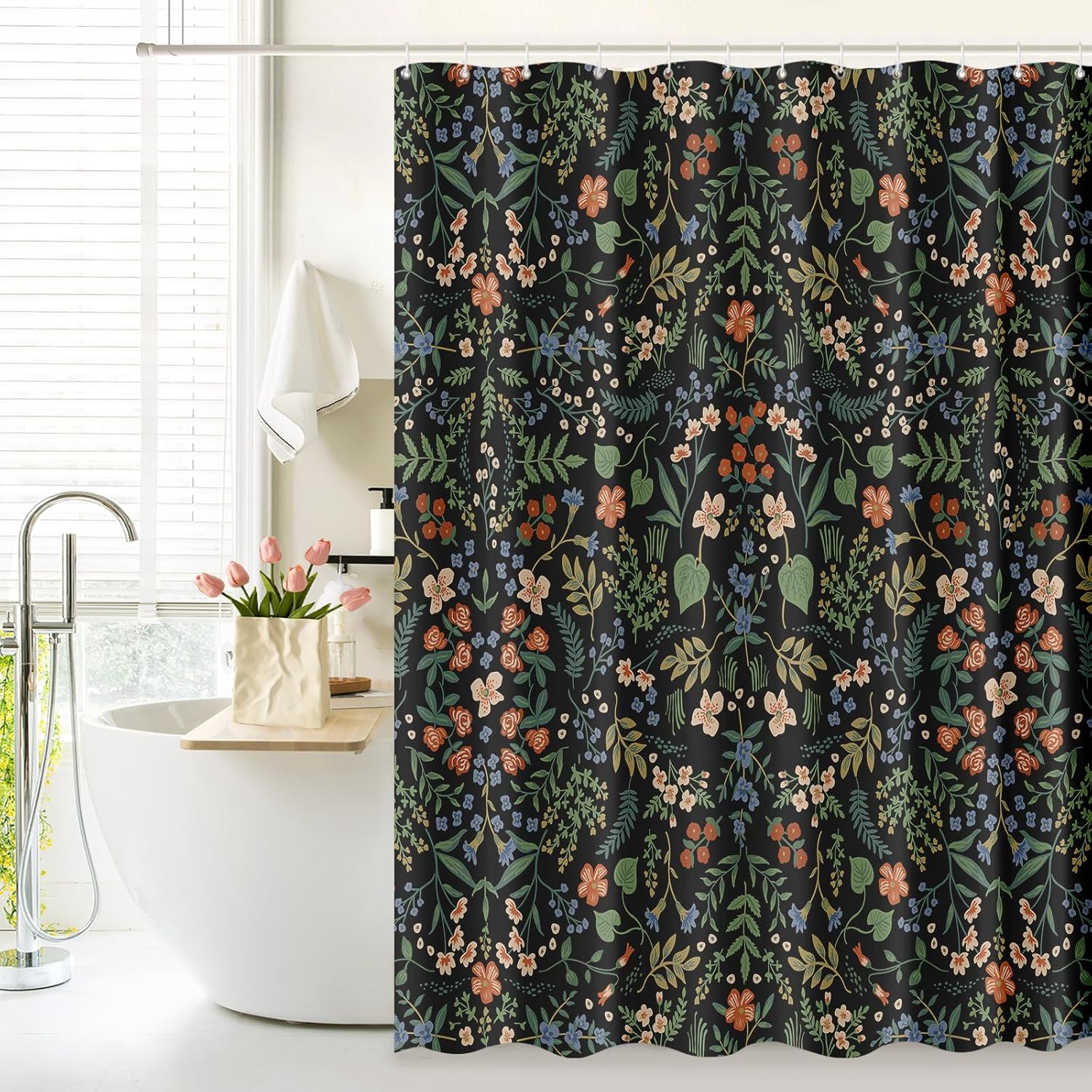 

Shower Curtain With Blooming Bright Pink And White Roses, Watercolor Leaves And Floral Bathroom Decor With Hooks W60H190(CM)-1 Pcs