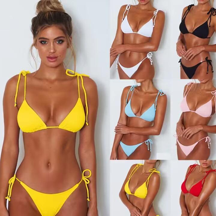 

2024 New Women s Solid Color Triangle Bikini Swimsuit with Tie-Up Design Small