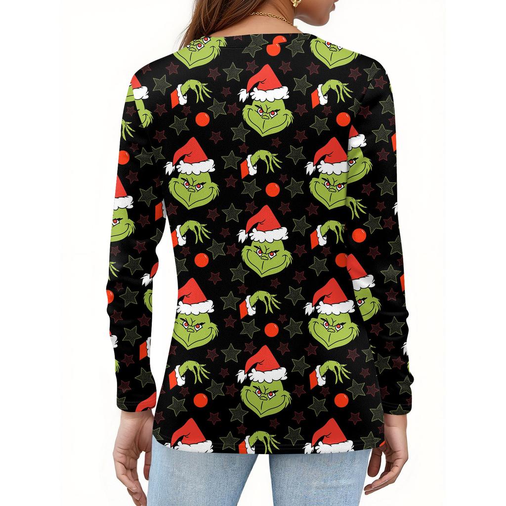 Women's Fashion Casual V-Neck Long Sleeve Decorative Button Christmas Print Top