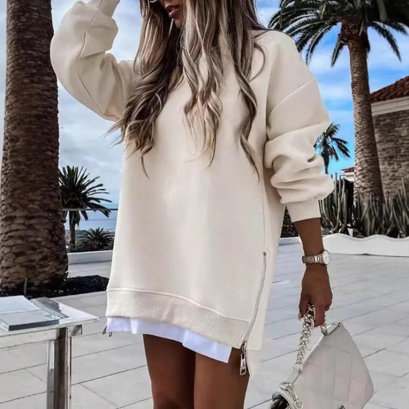 Autumn And Winter Fashion Splicing Side Zipper Design Hoodie Women's Round Neck Long Sleeved Mid Length Irregular Hoodie Skirt