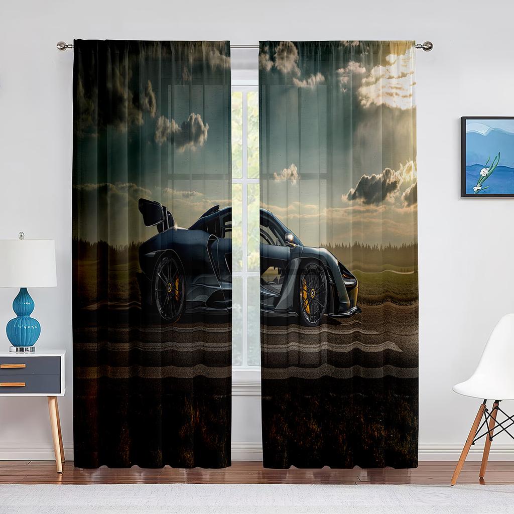 Black Cool Sports Car Movie Print Pattern Modern Boys Drapes Window Curtains for Living Room Bedroom Kitchen 2 Pieces Decor