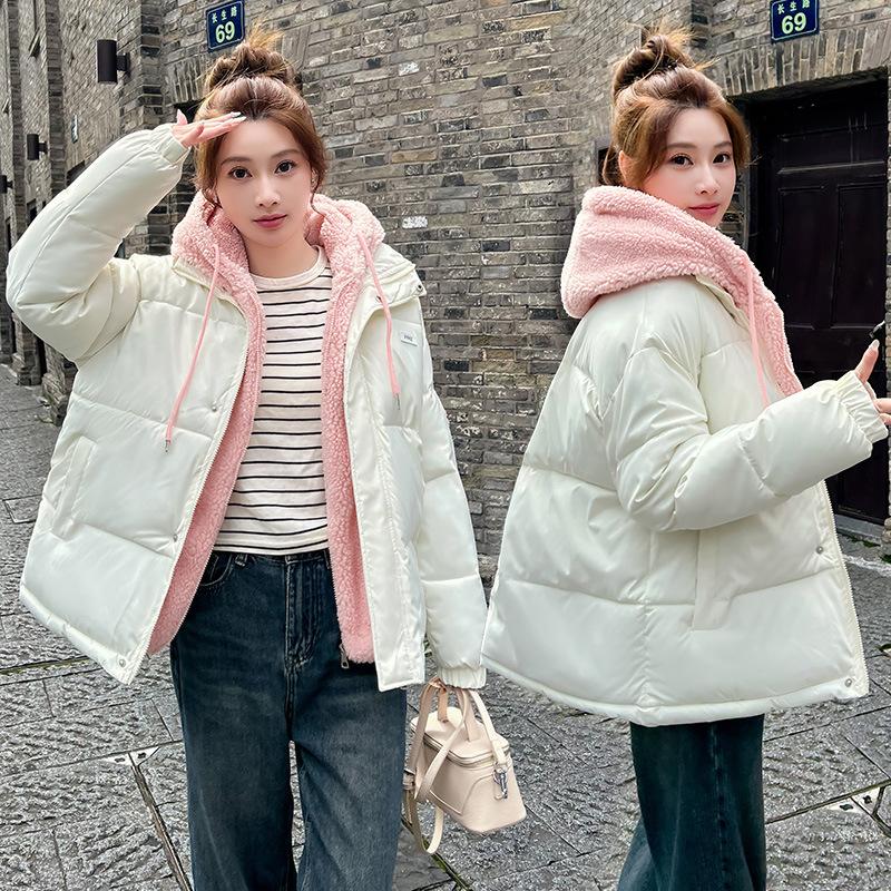 Fake Two-piece Cotton Clothes Female Lamb Wool Korean Loose Casual Hooded Cotton-padded Clothes Hong Kong Style Thickened Warm Jacket