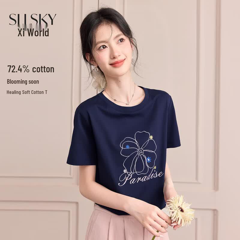 SLLSKY Women s Embroidered Floral T-Shirt M