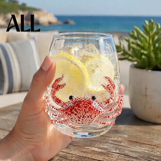 Unique Gift for Ocean Lovers 12oz Octopus Water Cup, Embossed Design, Hand Painted Marine Style Themed Glassware Drinking Home Bar Decor Stemless