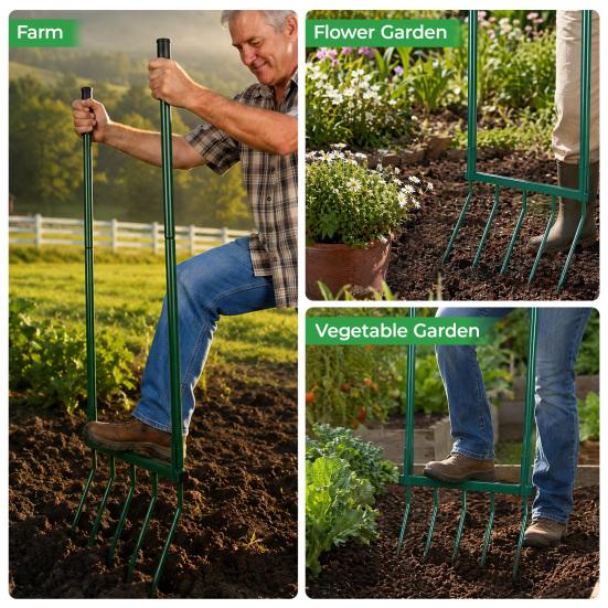 5-Tine Broad Fork Fork Heavy Duty Pitchfork with Dual Handles Garden Hand Tiller Digging for Planting Gardening Soil Aeration