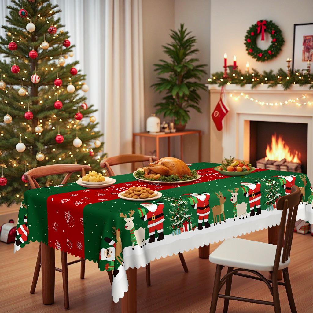 Christmas Tablecloth, Santa Claus Elk Snowman, Red And Green Contrasting Colors, Waterproof And Oil-Proof, Atmospheric Layout