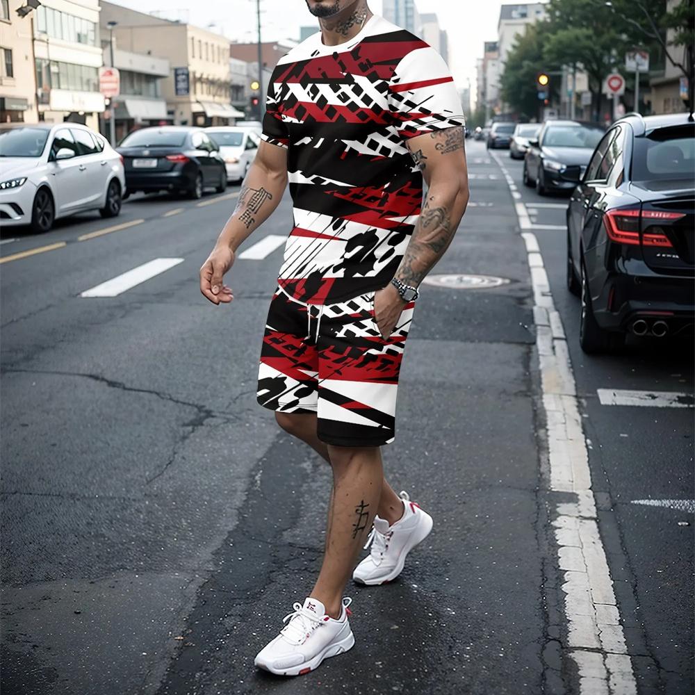 Summer men's casual 3D knife printed T-shirt set fashionable  creative O-neck T-shirt+shorts outdoor trendy sportswear