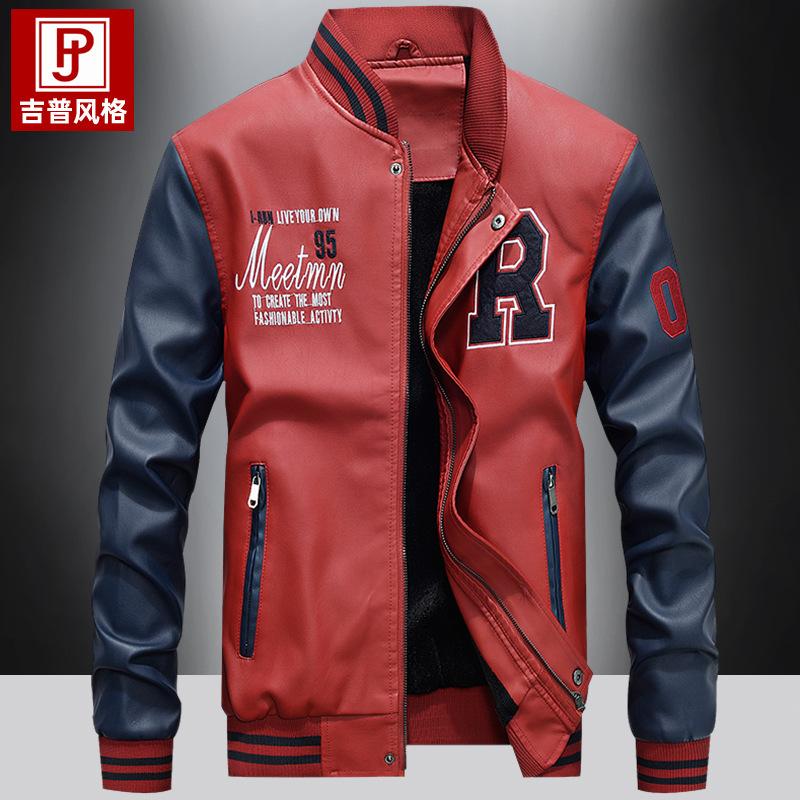 

Осень и зима новая кожаная куртка мужская бархатная мотоциклетная кожаная куртка модная молодежная бейсбольная форма вышитая кожаная куртка 6XL