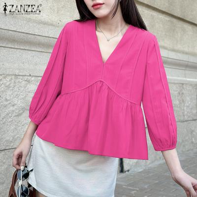 Damen Casual V-Ausschnitt Locker 3/4 Ärmel Einfarbig Bluse