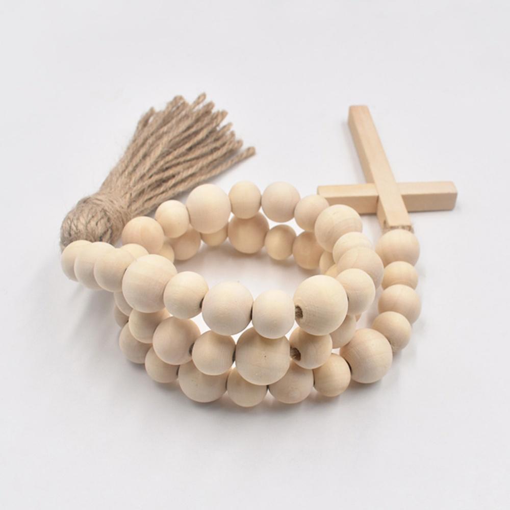 Wood Bead Garland with Tassels Farmhouse Beads Religious Wood Bead