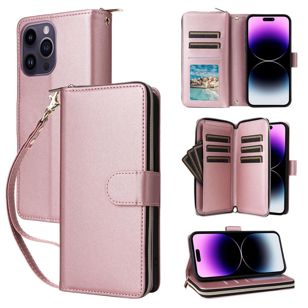 R20 For iPhone 14 Pro Case Zipper Pocket PU Leather Cover with 9 Card Slots