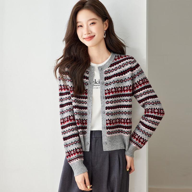 Srcr Women's 100% Wool Short Jacquard Cardigan
