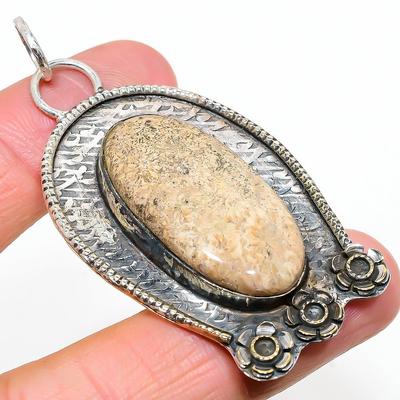 Natural Fossil Coral Gemstone Handmade 925 Sterling Silver Pendant 2.64" n2Y22