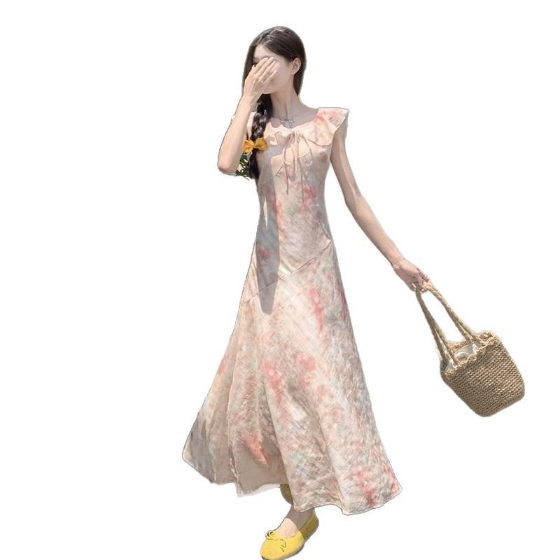French Lace-up, Gentle Wind, Smudged Ruffle Leaf Edge, Waist and Thin Dress, a Popular One for Women In Summer