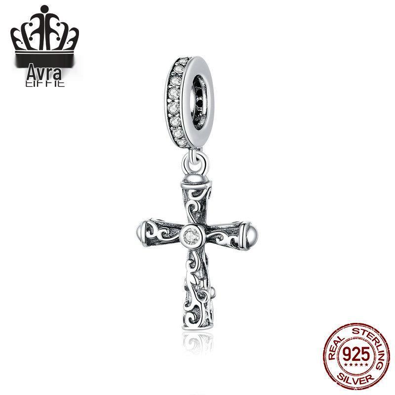 Avle S925 Sterling Silver Retro Cross Pendant Bracelet with European & American Fashion Beads