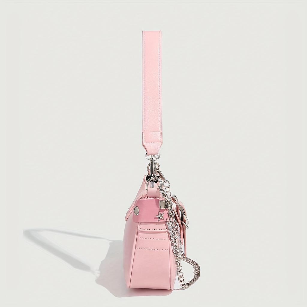 Y2K Style Small Shoulder Bag with Magnetic Closure, Polyester Lining, Chain Strap, Punk-Inspired Design, Pastel Pink Color