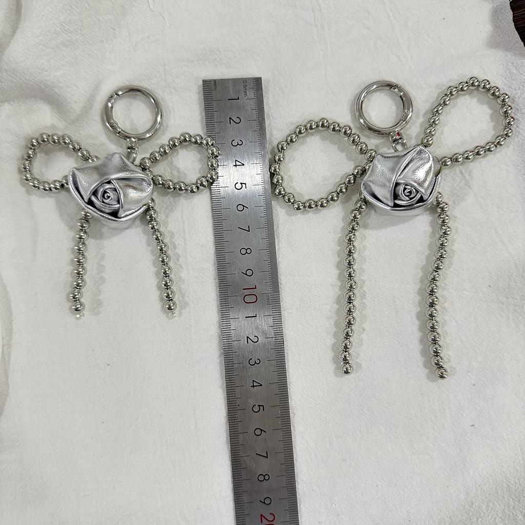 Handmade Beaded Bowknot Keychain Pendant Elegant Rose Phone Charm Keyring Ornament for Backpack Phones and Bag