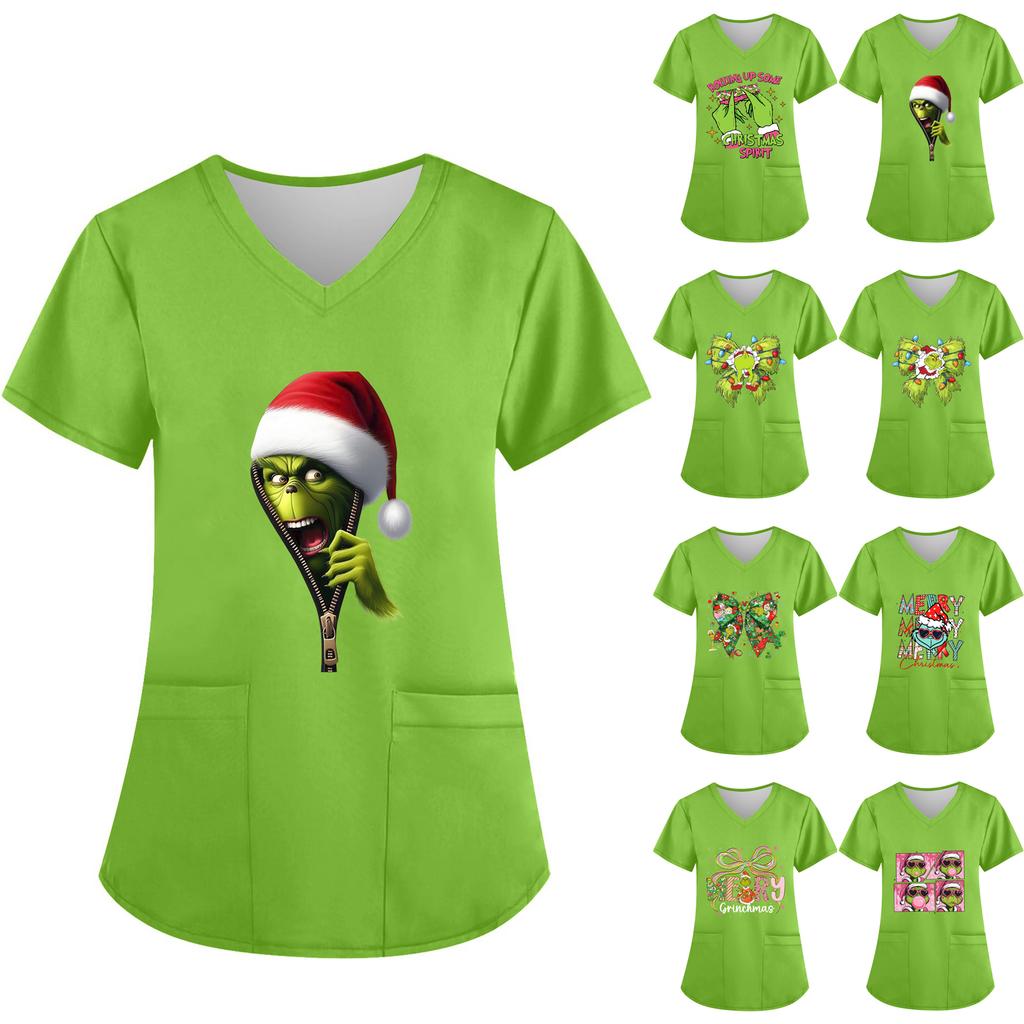 Women's V-neck Christmas Print Short-sleeved Pocket Side Slit Uniform Top