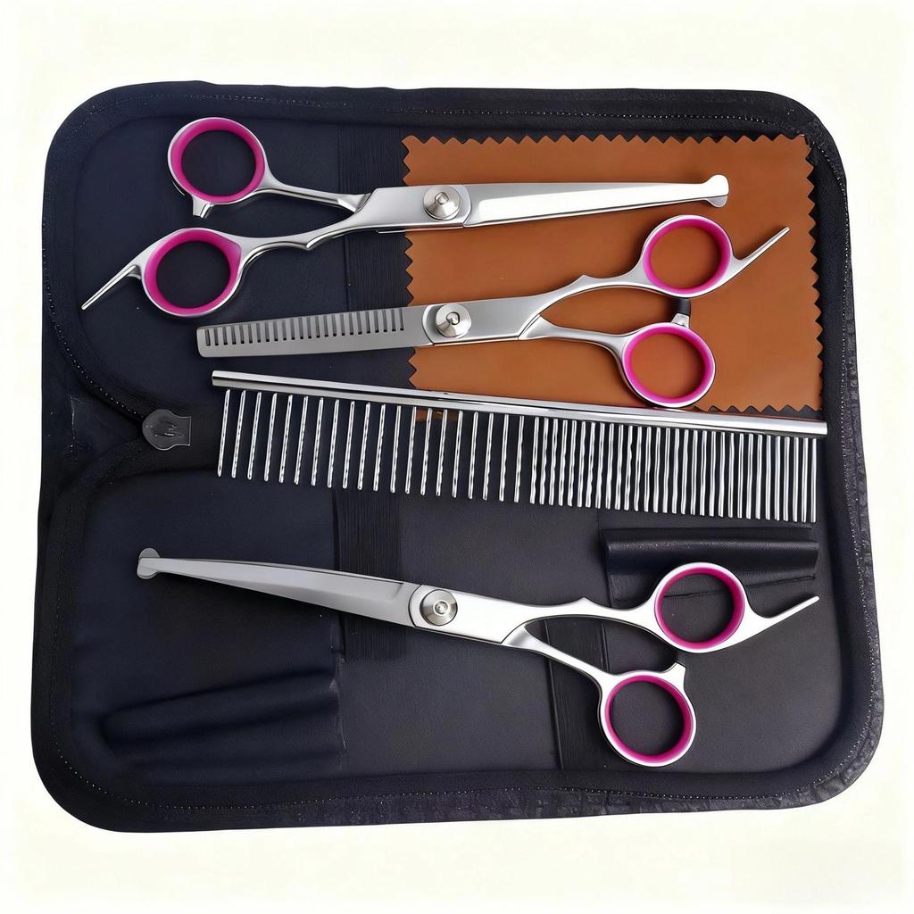 Portable Pet Grooming Scissor Set: Flat & Curved Hairdressing Tools
