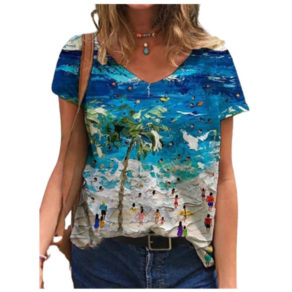 Women's Summer T-shirt Fashion 3d Plant Print Streetwear Women's Casual V-neck Short-sleeved Loose Top T-shirt 2025