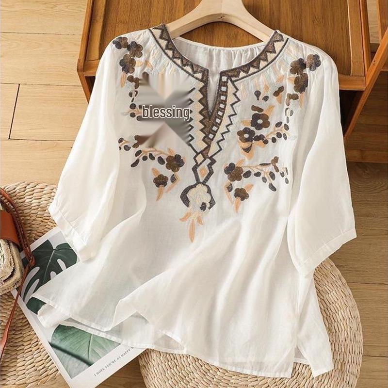 Women's Artistic Embroidered V-Neck Cotton Linen Top - Casual, Loose Fit, Slimming Short Sleeve