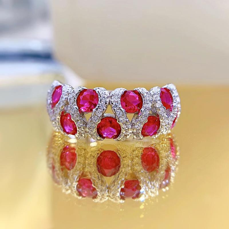 Luoxi Temple Jewelry 925 Sterling Silver Ring with Zircon, White Diamond, and Red Diamond - European & American Fashion Band for Women