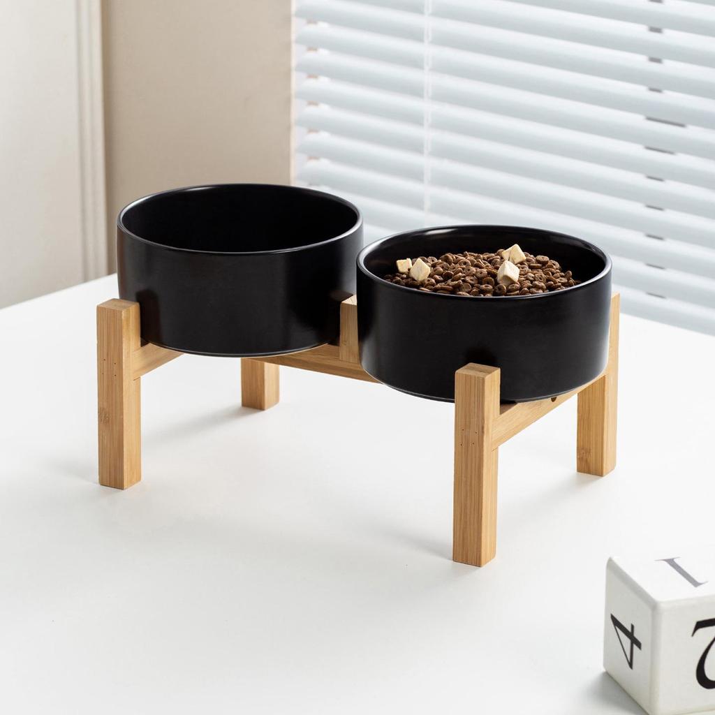 Ceramic Pet Food Bowl with Elevated Bamboo Stand - Anti-Tip Design for Dogs and Cats, Protects Cervical Spine