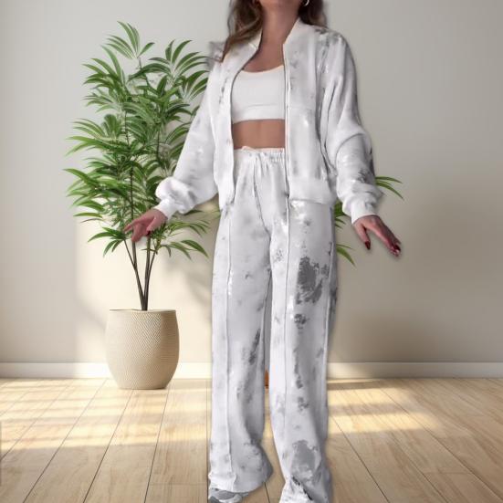 2 bucăți/set costum femeie guler stand Închidere cu fermoar mâneci lungi manșetă elastică cu paiete talie elastică pantaloni groși cu picioare largi Trening toamnă iarnă