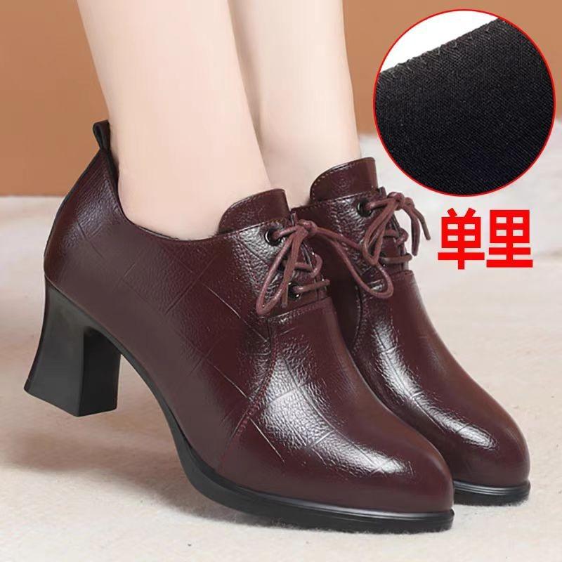 2025 new lace-up women's shoes medium heel single shoes non-slip thick heel fashion spring and autumn mother shoes women's British small leather shoes