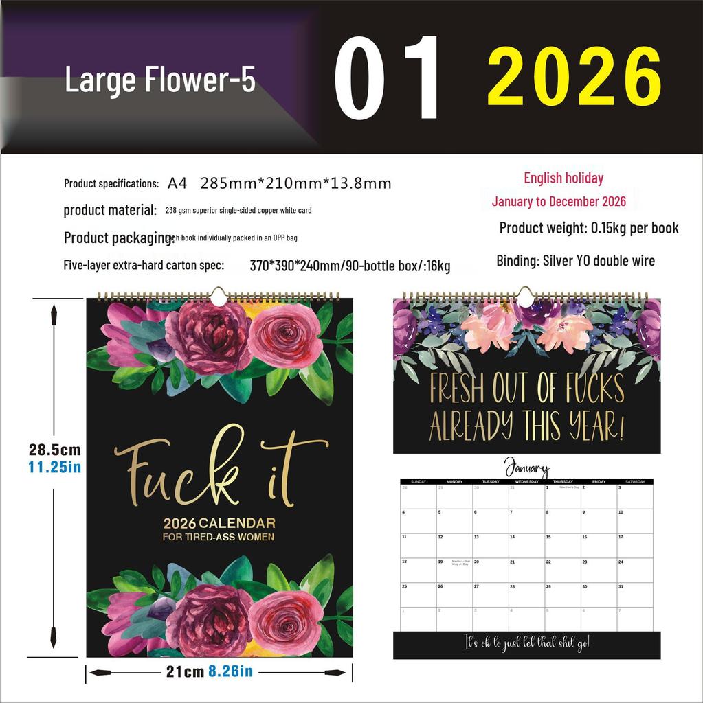 2026 English Wall Calendar - New Styles with Countdown Feature, Various Designs Available
