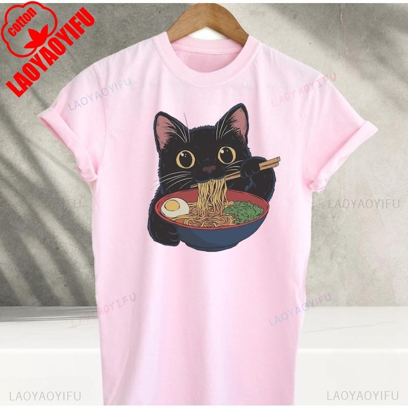 Ramen Cat TShirt Kawaii Anime Cat Japanese Foodies Graphic Tee Unisex Cotton Cute Cat Lover Shirt Harajuku Streetwear Y2K Top