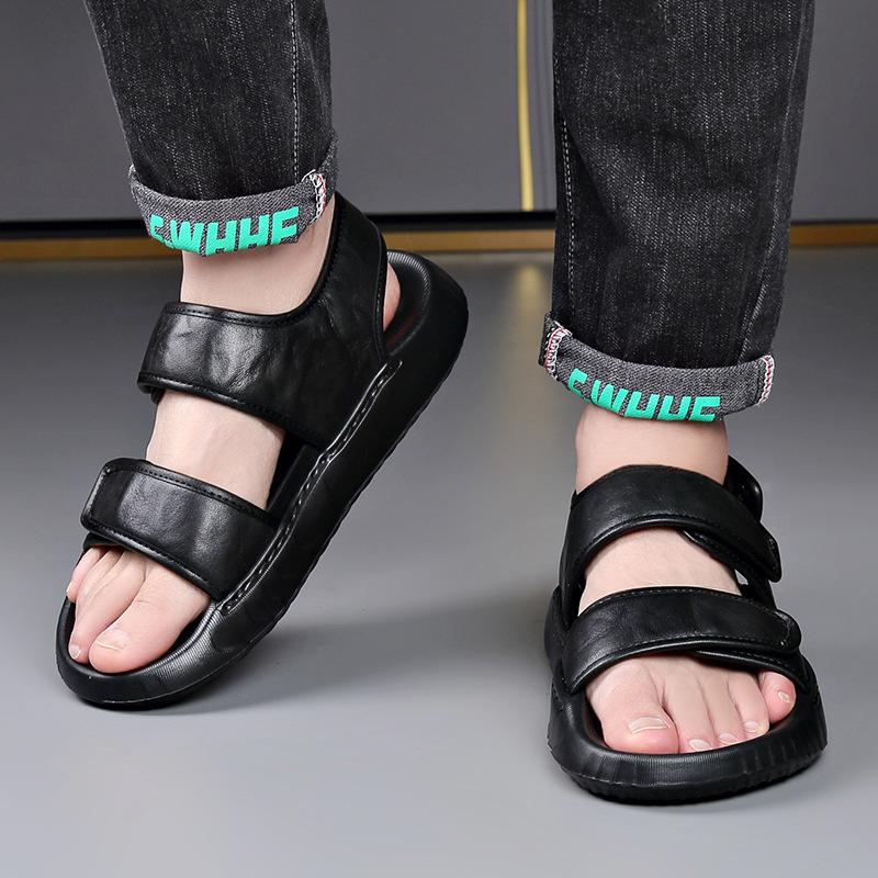 Fashion New Designer Genuine Leather Sandals for Men Solid Color Summer Lightweight Soft-soled Casual Beach Shoes Man Outwear Sandals