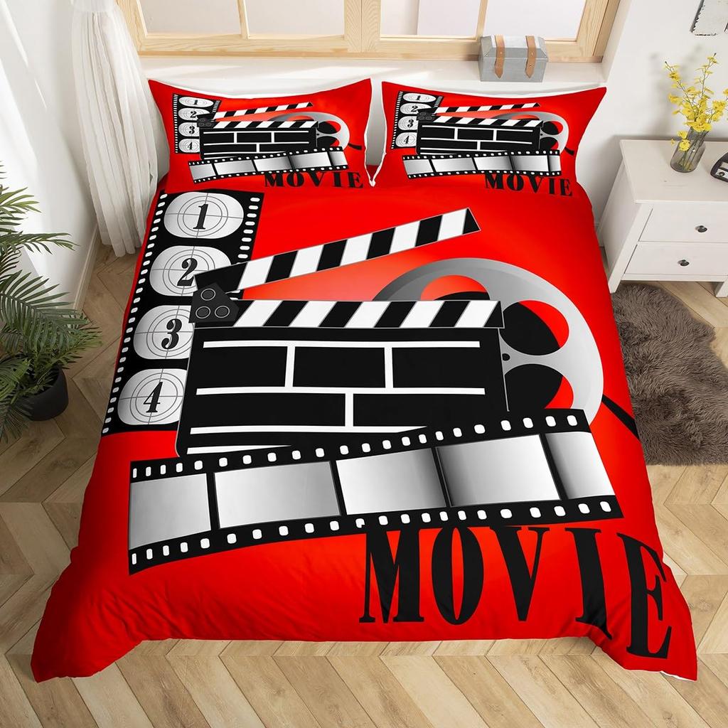 Movie Themed Bedding Set Full Queen for Boys Girls Family Home Theater Decor Vintage Comforter Cover Film Theme Duvet Cover Set