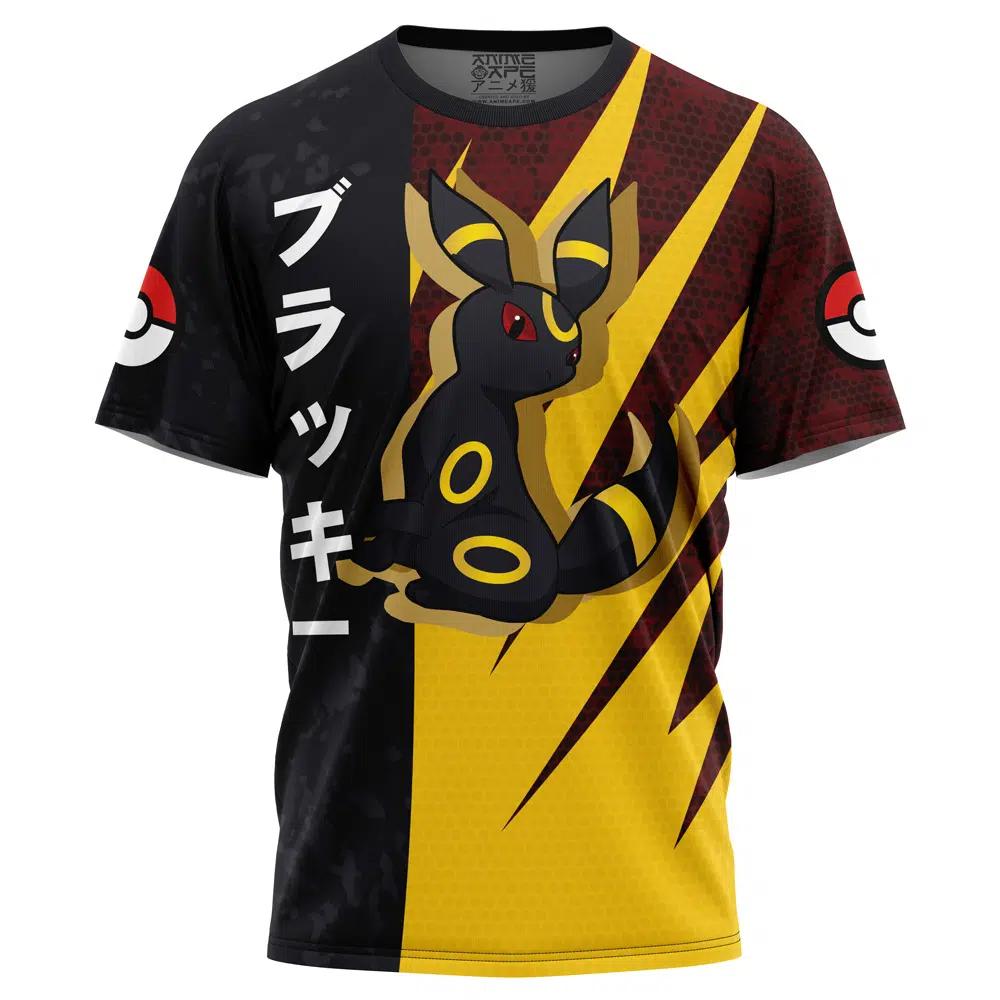 Men's Umbreon Japanese Text Full Print Short Sleeve T-Shirt, Breathable Quick Dry High Elastic Crew Neck Anime Streetwea