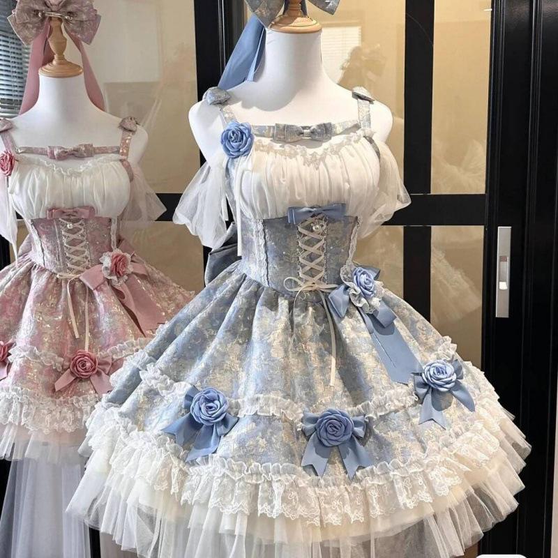 Letní japonský styl Kawaii Lolita šaty Dámské Párty Vintage Sladký Mašle Narozeniny Dortové šaty Y2k Bandážové šaty