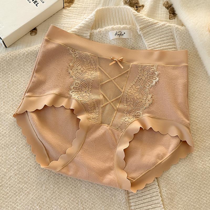 Women's Spring and Summer Lace Side Pure Cotton 10A Antibacterial Extension Crotch Light Abdominal High Briefs