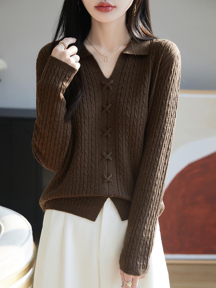 Women's Slim Fit Polo Collar French Retro Knit Sweater