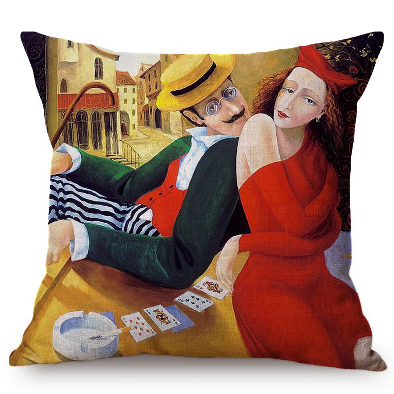 Pittura ad Olio Vintage Nordica di Bella Donna Arte Copricuscino Decorativo per Divano Custodia per Cuscino da Lancio Felice Storia d'Amore di Coppia per Sedia