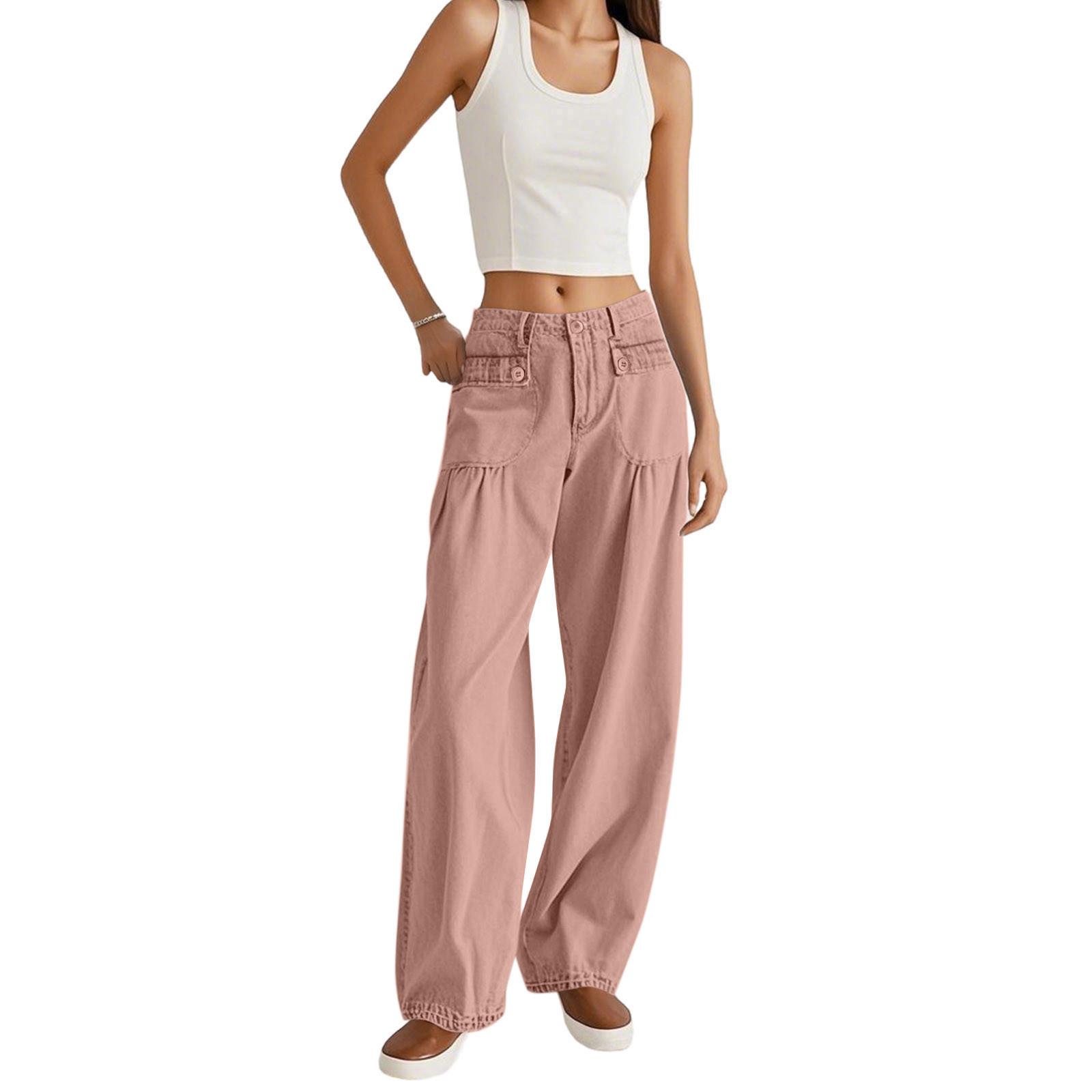 Джинсы-трубы,   Широкие джинсы женские Высокая талия Завязывающийся низ Джинсы-бананы Джинсы-бананы женские Джинсы для женщин Широкие джинсы для женщин M розовый