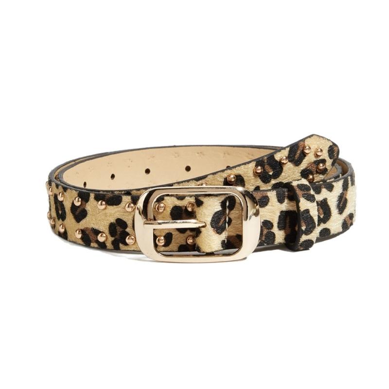 Leopard Print Waist Belt with Horsehair Patchworked Rivets Studded Design for Women Fashion Enthusiasts Music Festival