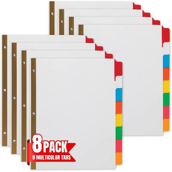 1InTheOffice Dividers for 3 Ring Binder, Binder Dividers with Tabs, 3 Ring Binder Dividers with Tabs, 8 Tab Dividers, Multicolor, 8/Pack