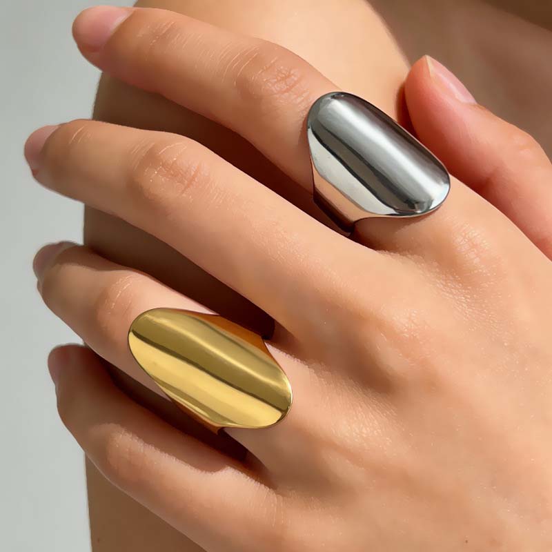 Vintage Metal Smooth Oval Wide Open Rings For Women Stainless Steel Gold Color Geometric Adjustable Chunky Rings Zircon