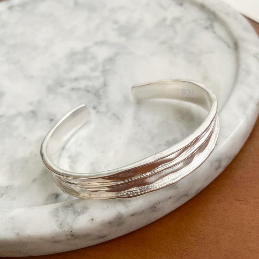 PANJBJ 925 Sterling Silver Irregular Geometry Texture Bangle Bracelet for Women Girl Minimalism Jewelry Gift Dropshipping