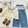 Girls' Spring 2026 Collared Shirt & Bow Embroidered Lace Waist Jeans Set