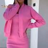 2 Pcs/Set Women Coat Dress Set Single-breasted Stand Collar Long Sleeves Jacket Skinny Slip Dress Autumn Midi Dress Jacket Set OL Commuting Office
