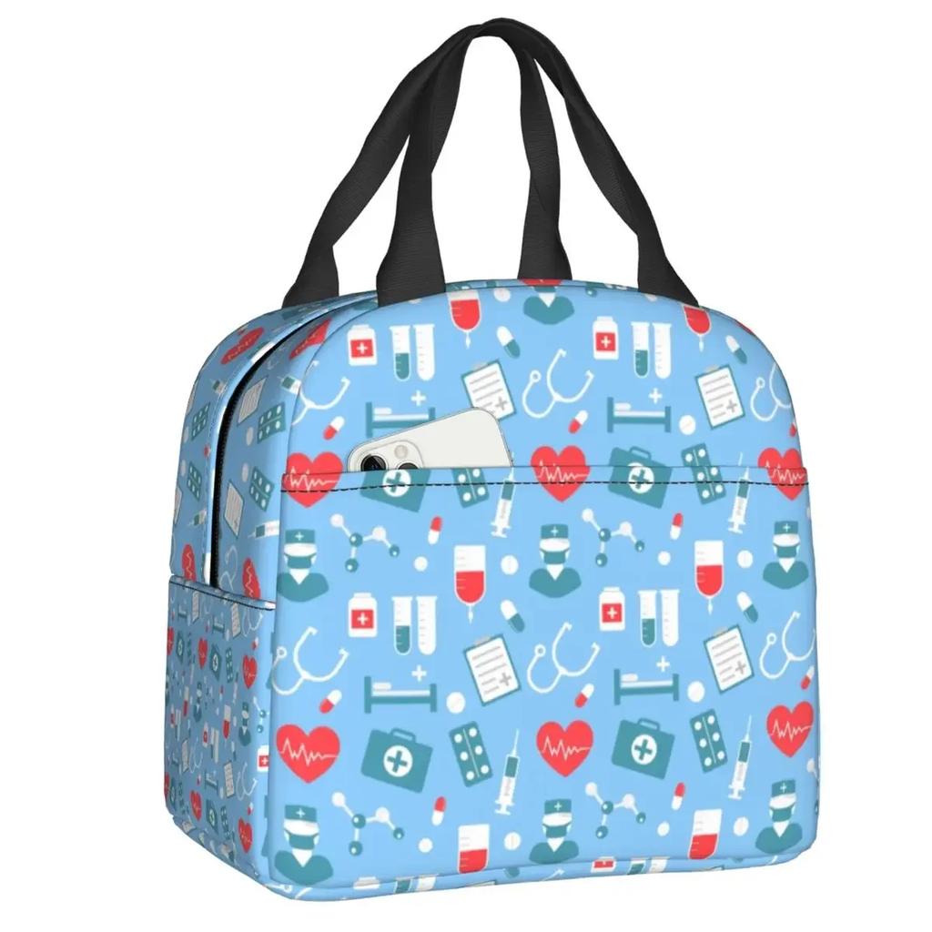 Nurse Tool Pattern Insulated Lunch Tote Bag for Women Nursing Resuable Thermal Cooler Food Lunch Box Work School Travel