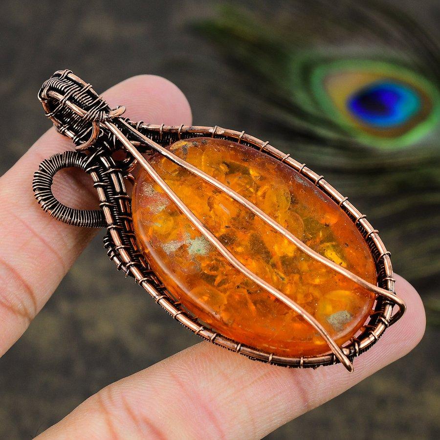 Baltic Amber Gemstone Copper Wire Wrap Jewelry Pendant 2.84